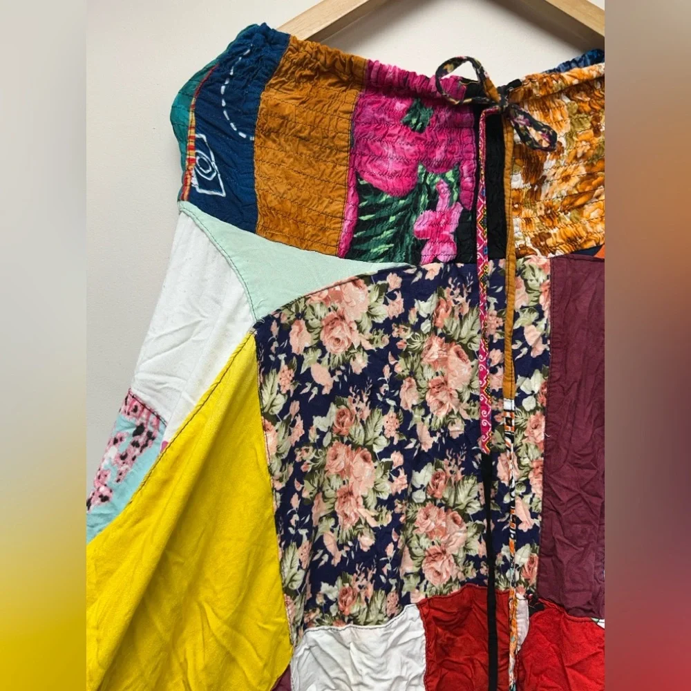 Unique Boho Patchwork Handkerchief Skirt Colorful Hippie Tie Waist - Picture 3 of 8